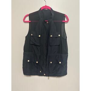 Vince Camuto Vest Women Petite Medium  Full Zip Gold Button Black Cinched waist